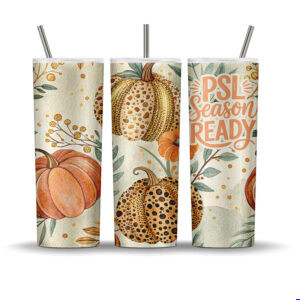 PSL Season Ready tumbler wrap with leopard print pumpkins, fall foliage, and autumn colors, sublimation PNG for 20 oz skinny tumblers.