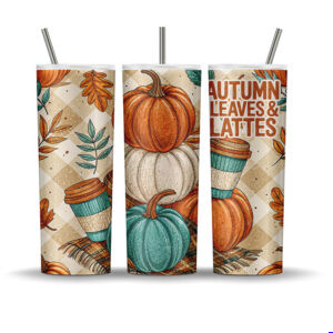 Autumn Leaves & Lattes tumbler wrap with stacked pumpkins, teal coffee cups, autumn leaves, and plaid accents, sublimation PNG for 20 oz skinny tumblers.