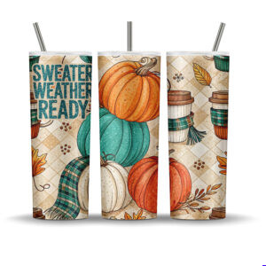 Sweater Weather Ready tumbler wrap with teal pumpkins, coffee cups, plaid scarves, and autumn leaves, sublimation PNG for 20 oz skinny tumblers.