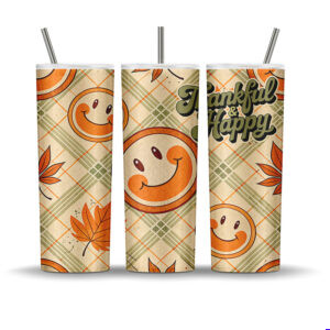 Thankful & Happy tumbler wrap with retro orange smiley faces, fall leaves, and plaid background, sublimation PNG for 20 oz skinny tumblers.