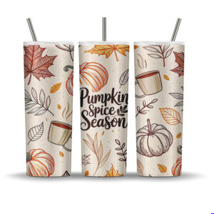 Pumpkin Spice Season tumbler wrap with hand-drawn pumpkins, coffee cups, and autumn leaves, sublimation PNG for 20 oz skinny tumblers.
