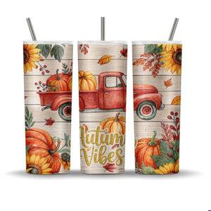 Autumn Vibes tumbler wrap with vintage red truck, pumpkins, sunflowers, and rustic fall leaves, sublimation PNG for 20 oz skinny tumblers.