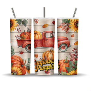 Sunflowers & Pumpkins tumbler wrap with vintage red truck, pumpkins, sunflowers, and rustic fall leaves, sublimation PNG for 20 oz skinny tumblers.