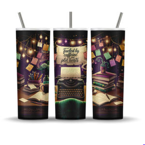 Writer-themed sublimation PNG with vintage typewriter, books, coffee, and string lights for 20 oz skinny tumbler with phrase “Fueled by caffeine and plot twists”