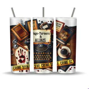 Mystery book-themed sublimation PNG with vintage typewriter, bloodstains, crime scene tape, coffee, and the phrase “Page-Turners & Alibis” for 20 oz skinny tumblers