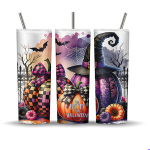Batty for Halloween tumbler wrap PNG with pastel pumpkins, witch hat, spiderwebs, bats, and Halloween florals on a white background.