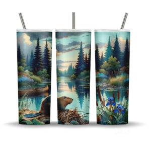 Watercolor beaver building along a forest riverbank with wildflowers and a canoe holding a Canadian flag.
