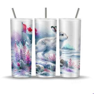 Watercolor arctic hare running through snow with alpine flowers and a Canadian flag beside a rock cairn.