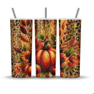 Fall tumbler wrap sublimation PNG with leopard print background, pumpkins, sunflowers, glitter texture, and autumn foliage.