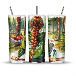 Sublimation tumbler wrap featuring a red-haired girl with a braid and “Forest Heart” hoodie, surrounded by forest scenery