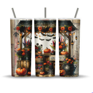 Rustic Halloween tumbler wrap design featuring a flower stand with pumpkins, lanterns, cauldron, bats, cobwebs, and vibrant fall florals on wood textures.