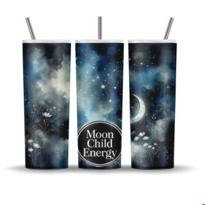 Celestial tumbler wrap with crescent moons, stars, and flowers on a starry indigo background for 20 oz sublimation.