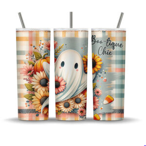 Halloween tumbler wrap with smiling ghost, sunflowers, plaid background, pumpkins, and candy corn for 20 oz sublimation.