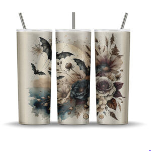 Beige gothic tumbler wrap with vintage florals, bats, spiderwebs, and watercolor accents for Halloween sublimation.