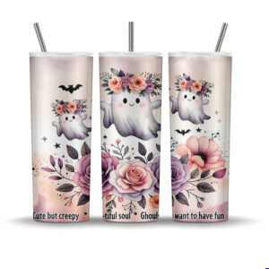Pastel ghost tumbler wrap with floral crowns, pink watercolor roses, and cute Halloween word art for 20 oz sublimation.