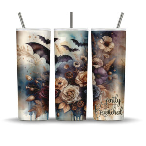 A 20 oz skinny tumbler wrap featuring vintage gothic florals, black bats, spiderwebs, and the phrase “Gently Bewitched” on a watercolor background.