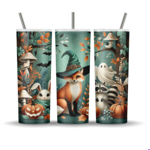 Halloween tumbler wrap with forest animals including a fox, raccoon, bunny, pumpkins, bats, and ghosts on a sage green background for sublimation.