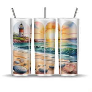 Sublimation tumbler wrap with lighthouse, beach sunset, seashells, waves, and coastal scenery