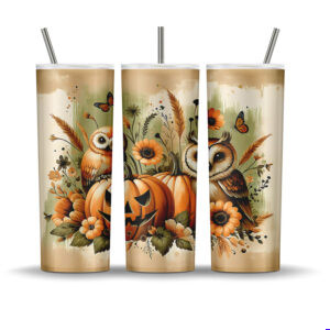 Rustic Halloween tumbler wrap with owls, pumpkins, sunflowers, and butterflies for 20 oz sublimation.