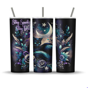Black cat tumbler wrap with moon, purple teal florals, and the phrase “Stay Spooky, Stay Feral” for 20 oz sublimation.