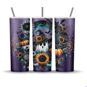 Celestial Halloween tumbler wrap design with ghost in witch hat, sunflowers, bats, pumpkins, spiderwebs, and stars on a dark purple background.