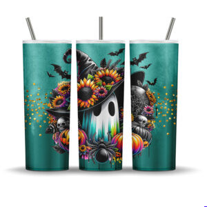 Teal Halloween tumbler wrap PNG featuring ghost in sunflower witch hat, pumpkins, skulls, bats, spiders, and gold sparkles.