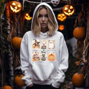 Cute Halloween sublimation PNG in postage stamp style with illustrations of a witch, pumpkin, black cat, haunted house, ghost, and cauldron with "Brewing Up Trouble" text.