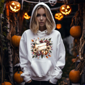 Blank ribbon Halloween sublimation PNG with gothic florals, ghost, jack-o’-lantern, and fall leaves.