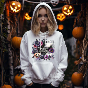 Spooky Season sublimation PNG with purple florals, ghost, pumpkins, and stars in a gothic Halloween aesthetic.