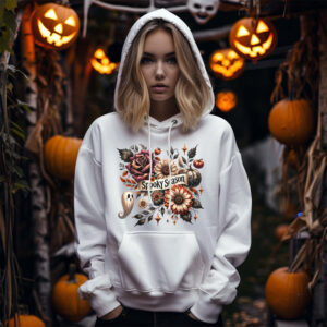 Rustic spooky sublimation PNG with banner text “Spooky Season,” fall flowers, mini pumpkins, and a ghost.