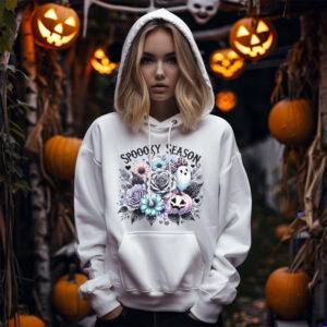 Pastel Halloween sublimation PNG with teal and blush pumpkins, purple florals, and cute ghosts with “Spooky Season” text.