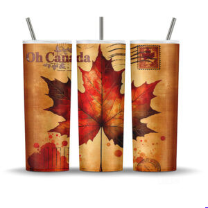 A seamless 20oz tumbler wrap design featuring a large red maple leaf, vintage postage stamp, and “Oh Canada” script on a warm, antique background.