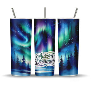 A seamless 20oz tumbler wrap design featuring vibrant green, blue, and purple northern lights, pine tree silhouettes, and the phrase “Aurora Dreaming.”