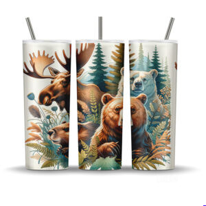 A seamless 20oz tumbler wrap design featuring a moose, beaver, brown bear, and polar bear among ferns and pine trees in a Canadian forest.
