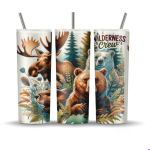 Seamless Canadian wildlife tumbler wrap with moose, bears, and forest foliage, labeled “Wilderness Crew.”