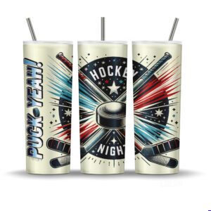 Retro-style hockey sublimation tumbler wrap PNG with puck, sticks, and "Puck Yeah" and "Hockey Night" text.