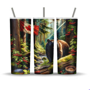 Watercolor black bear tumbler wrap with misty forest background and Canadian flag draped over a boulder.
