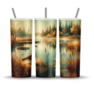 Watercolor Canada goose tumbler wrap with golden reeds, misty marsh, and Canadian flag on dock.