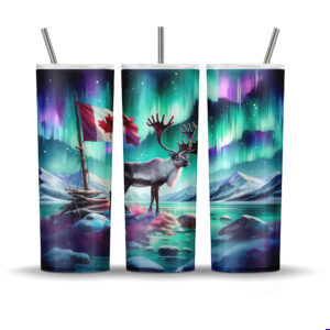 Watercolor caribou tumbler wrap with snowy mountains, aurora borealis sky, and Canadian flag on a driftwood post.