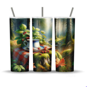 A seamless 20oz tumbler wrap design featuring a woodland picnic with wild strawberries, a teacup, mossy log, and sunlit forest background.
