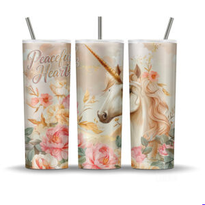 Peaceful Heart pastel unicorn 20oz tumbler wrap PNG with blush florals and golden leaves.