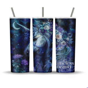 Pastel unicorn tumbler wrap PNG with flowing pink-gold mane and watercolor peonies.