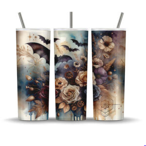 20 oz tumbler wrap with vintage roses, bats, spiderwebs, and a smoky watercolor background for Halloween sublimation.