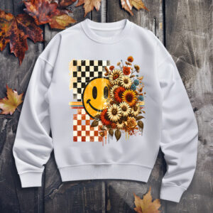 Retro smiley sublimation PNG with yellow happy face, checkerboard blocks, and vibrant floral accents.
