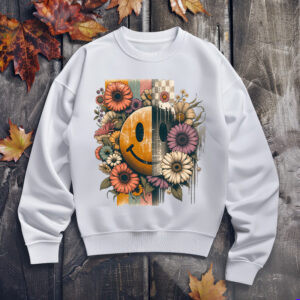 Retro floral smiley sublimation PNG with vintage distressed happy face, colourful flowers, and checkerboard accents.