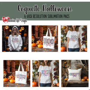 A bundle of six high-resolution pastel Halloween wordart PNGs in a coquette style, with phrases including “Fangtastic,” “BOO,” “BOO-tiful,” “Witch,” “EEK,” and “Creepy,” displayed on apparel and home decor.
