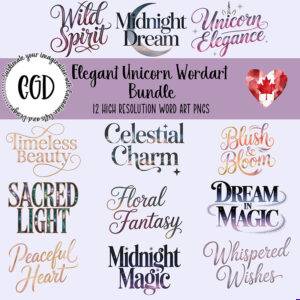 Elegant unicorn wordart bundle with 12 magical sublimation sayings in fantasy fonts and pastel colors for crafting projects