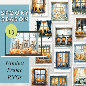 Set of 13 Halloween window frame PNGs with pumpkins, ghosts, skeletons, ravens, and autumn night scenes—transparent backgrounds for easy overlays.