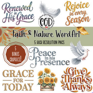 Five seasonal scripture word art PNG designs with matching bonus graphics for sublimation and print projects.