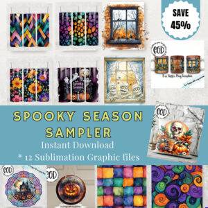 Sampler bundle with 12 Halloween graphics: four Seamless 20oz tumbler wraps, two window frames, one mug wrap, skeleton clipart, round windspinner, round door hanger, and two digital papers.